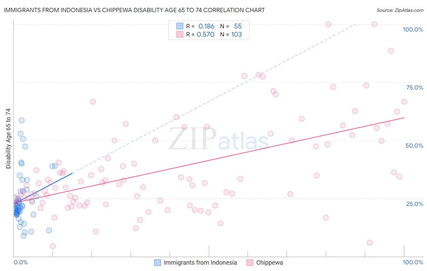 Immigrants from Indonesia vs Chippewa Disability Age 65 to 74