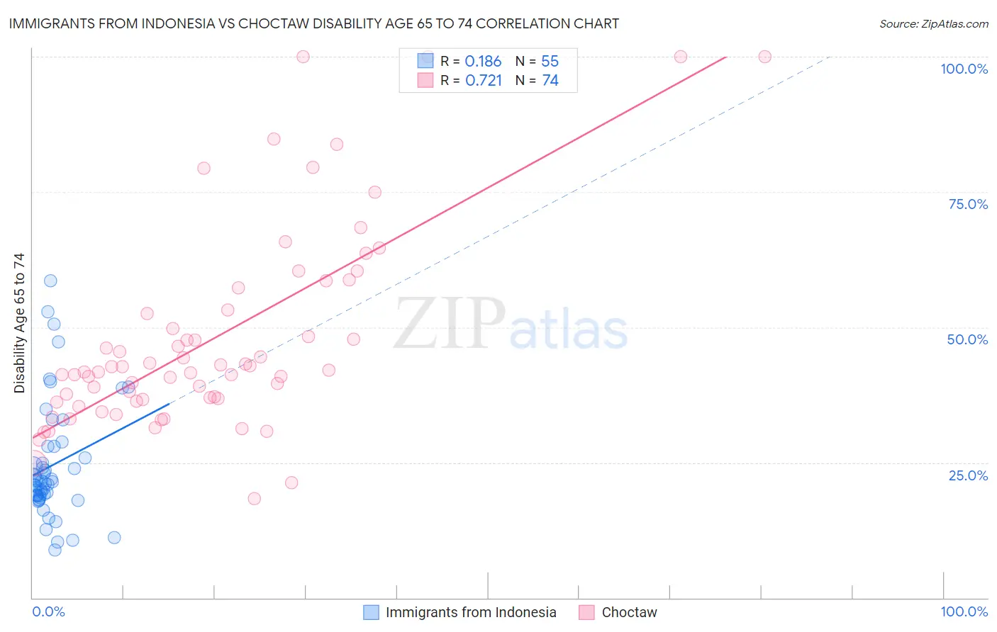 Immigrants from Indonesia vs Choctaw Disability Age 65 to 74