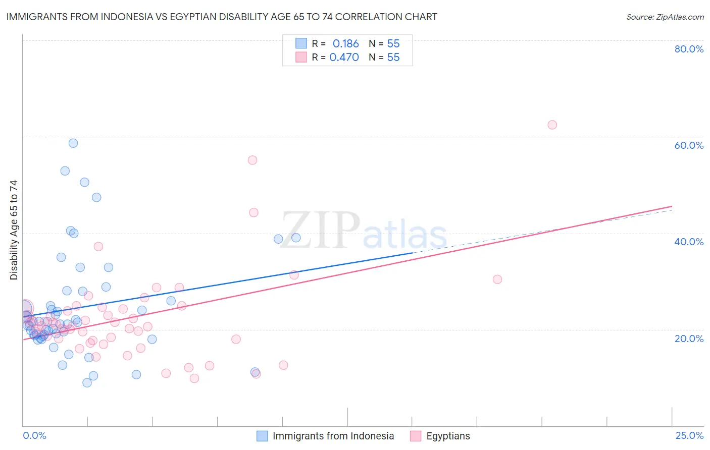 Immigrants from Indonesia vs Egyptian Disability Age 65 to 74