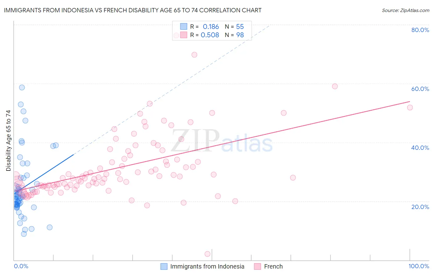 Immigrants from Indonesia vs French Disability Age 65 to 74