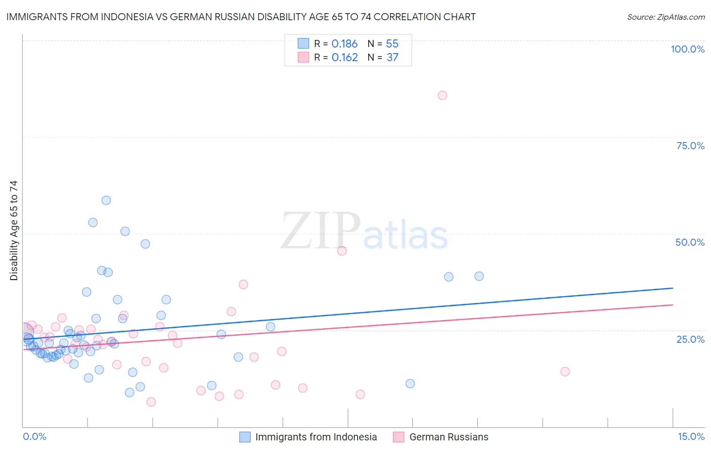 Immigrants from Indonesia vs German Russian Disability Age 65 to 74