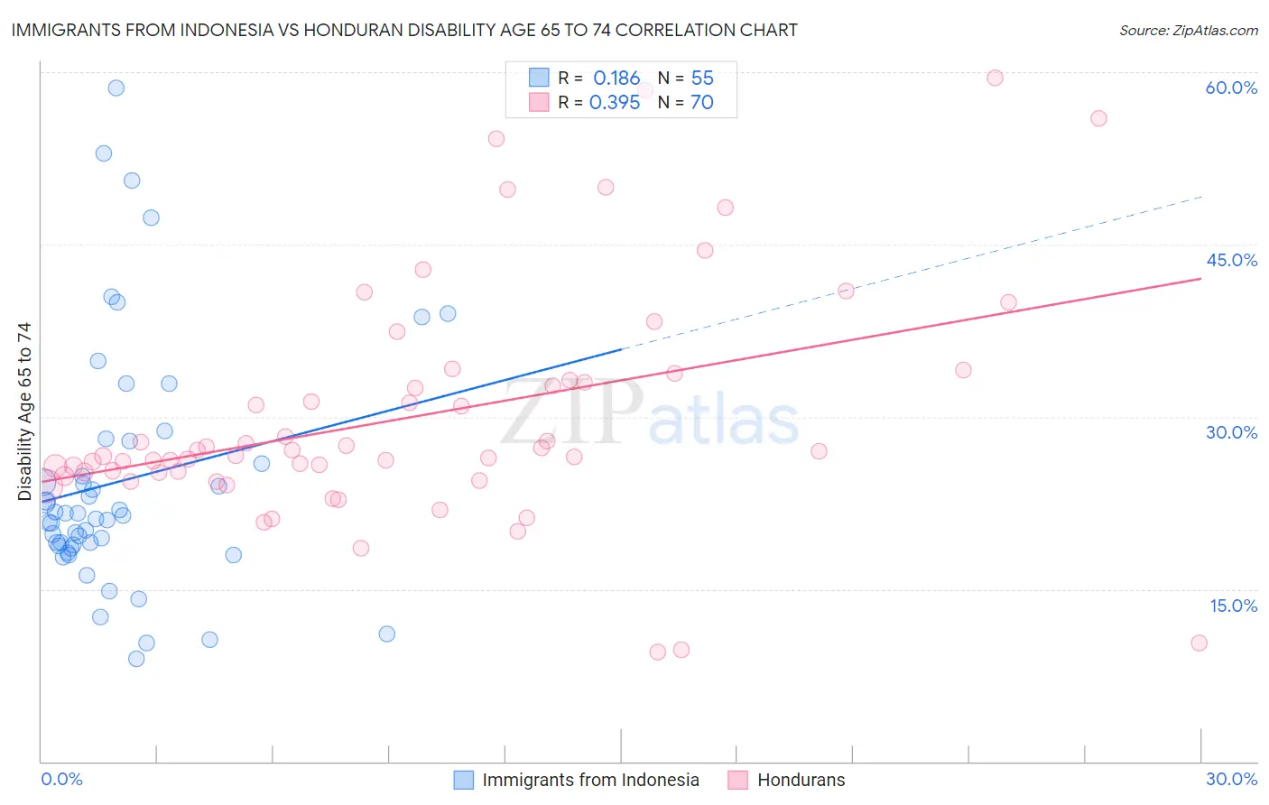 Immigrants from Indonesia vs Honduran Disability Age 65 to 74