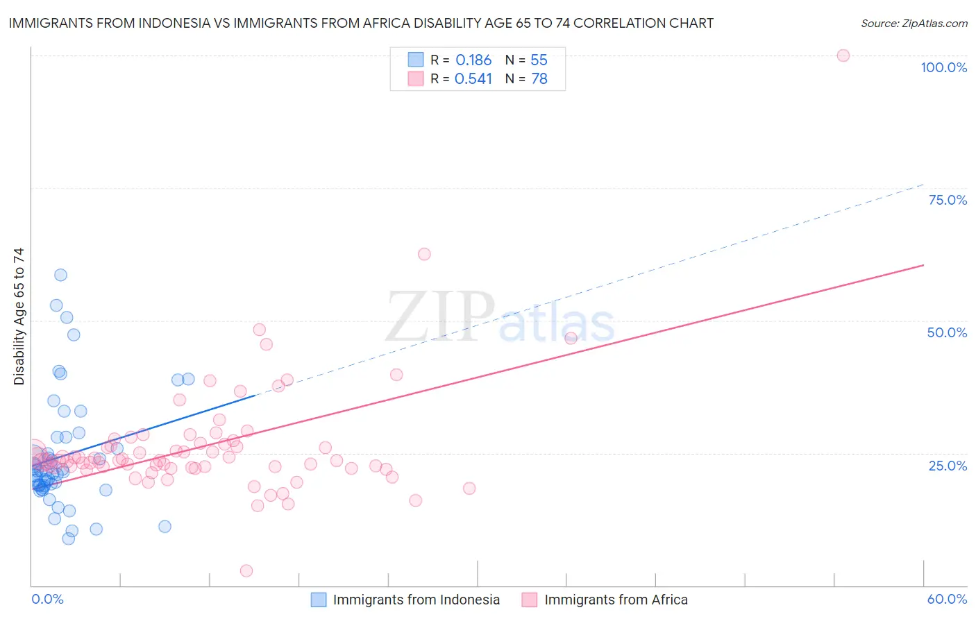 Immigrants from Indonesia vs Immigrants from Africa Disability Age 65 to 74