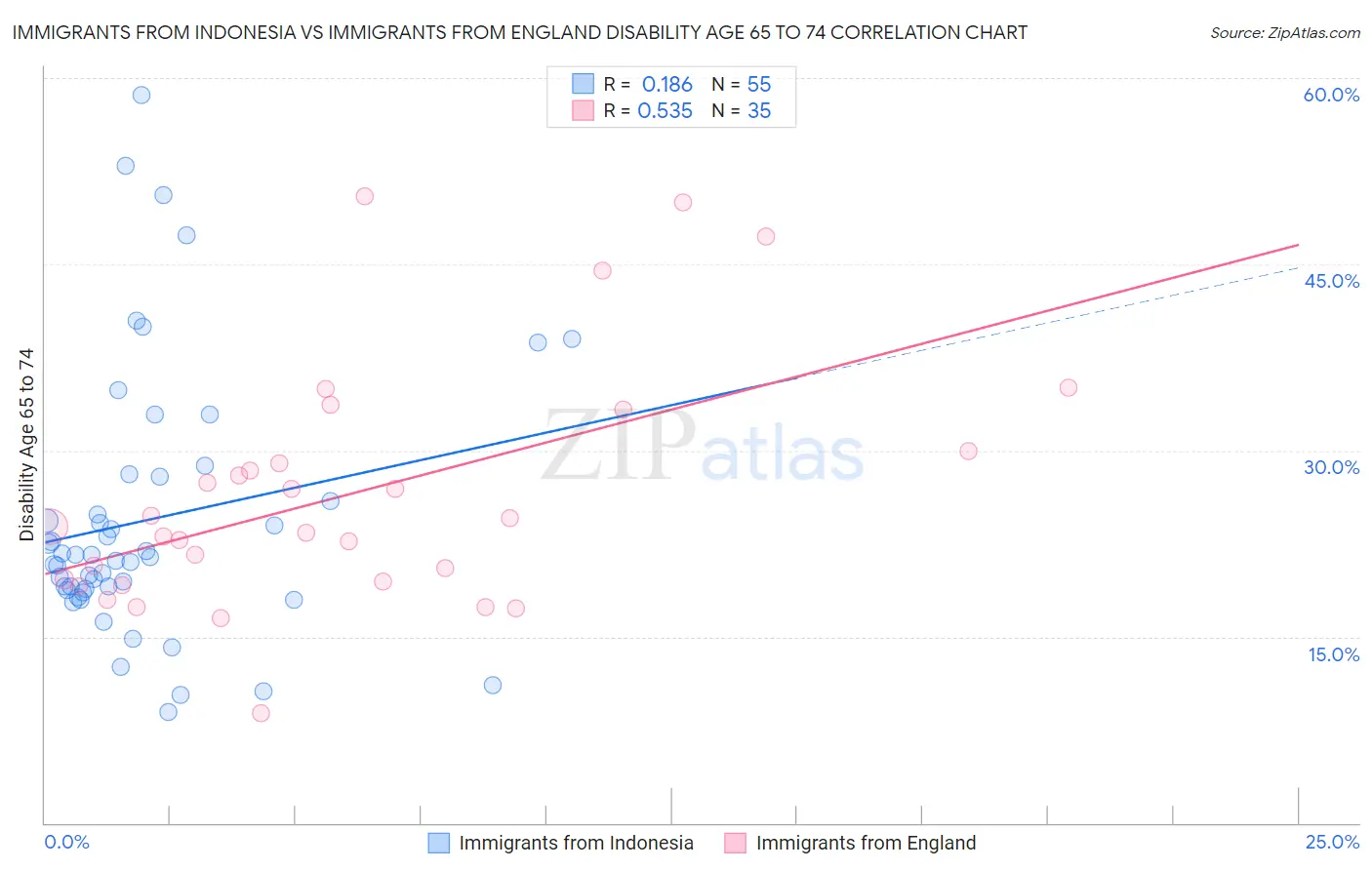 Immigrants from Indonesia vs Immigrants from England Disability Age 65 to 74