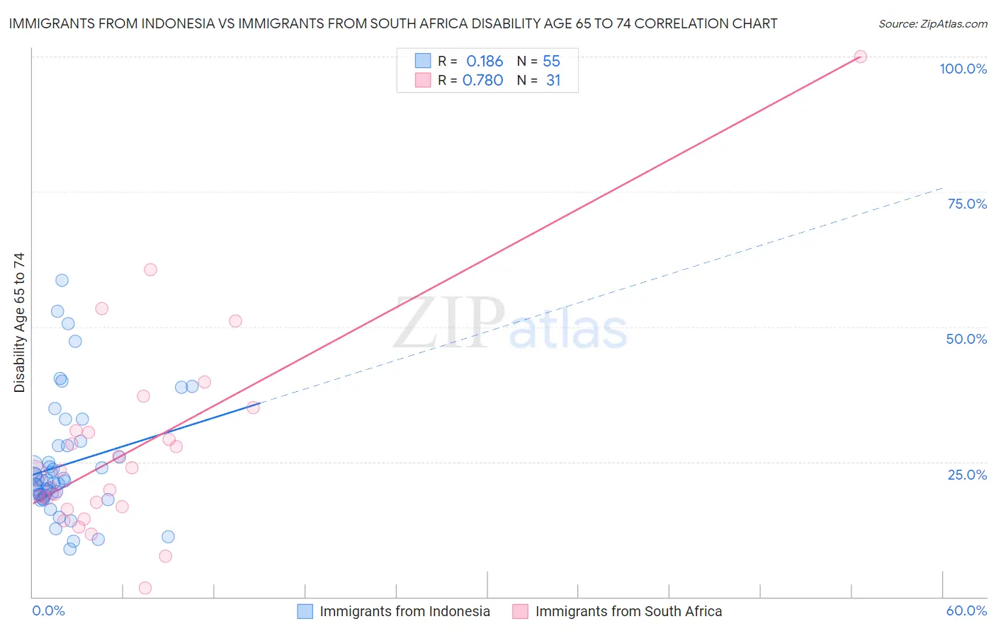 Immigrants from Indonesia vs Immigrants from South Africa Disability Age 65 to 74