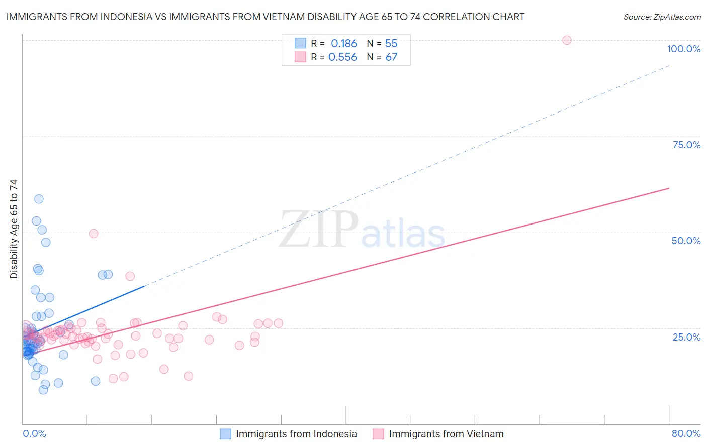 Immigrants from Indonesia vs Immigrants from Vietnam Disability Age 65 to 74