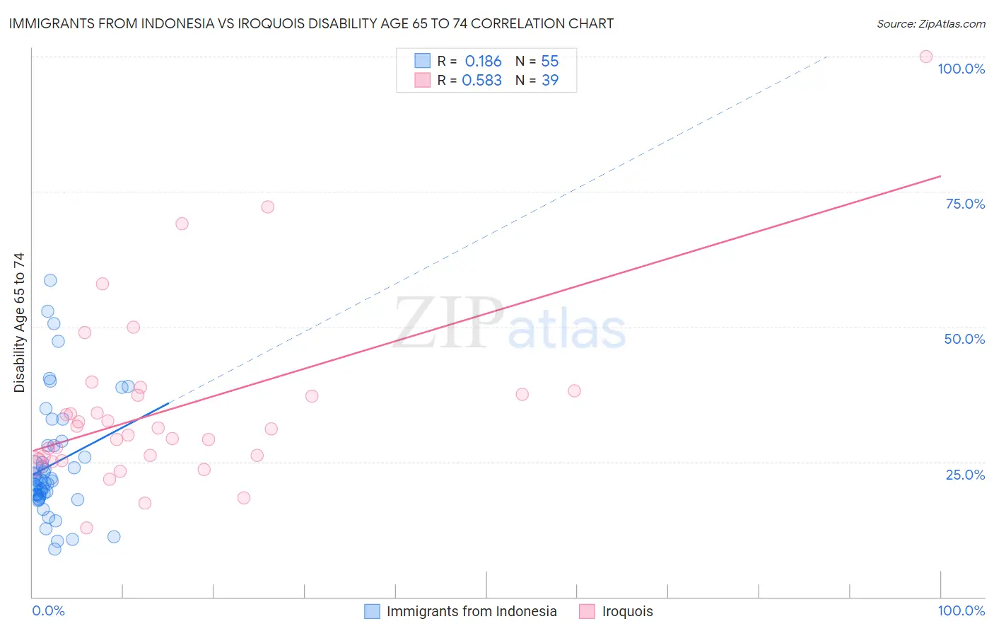 Immigrants from Indonesia vs Iroquois Disability Age 65 to 74