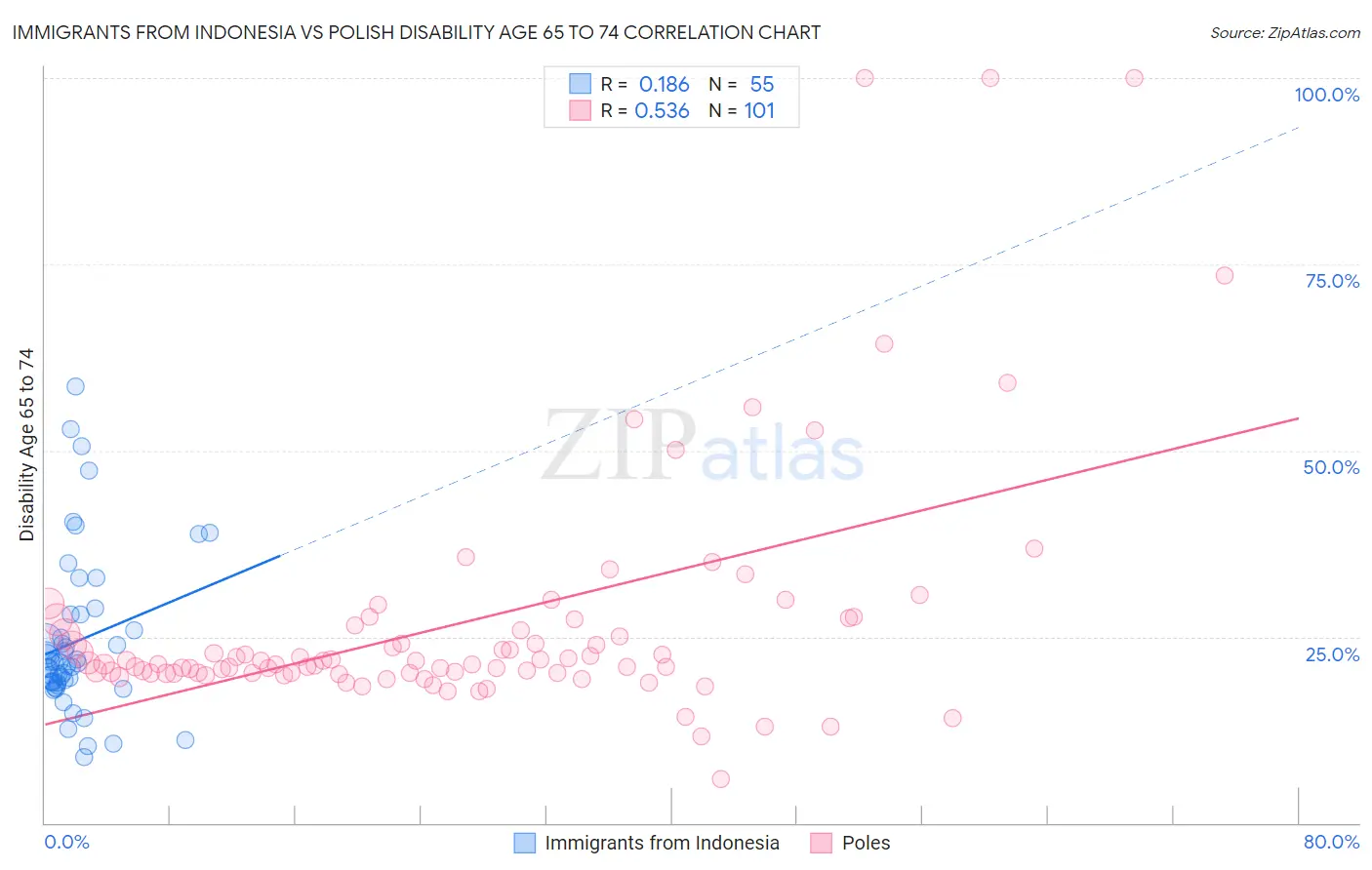 Immigrants from Indonesia vs Polish Disability Age 65 to 74