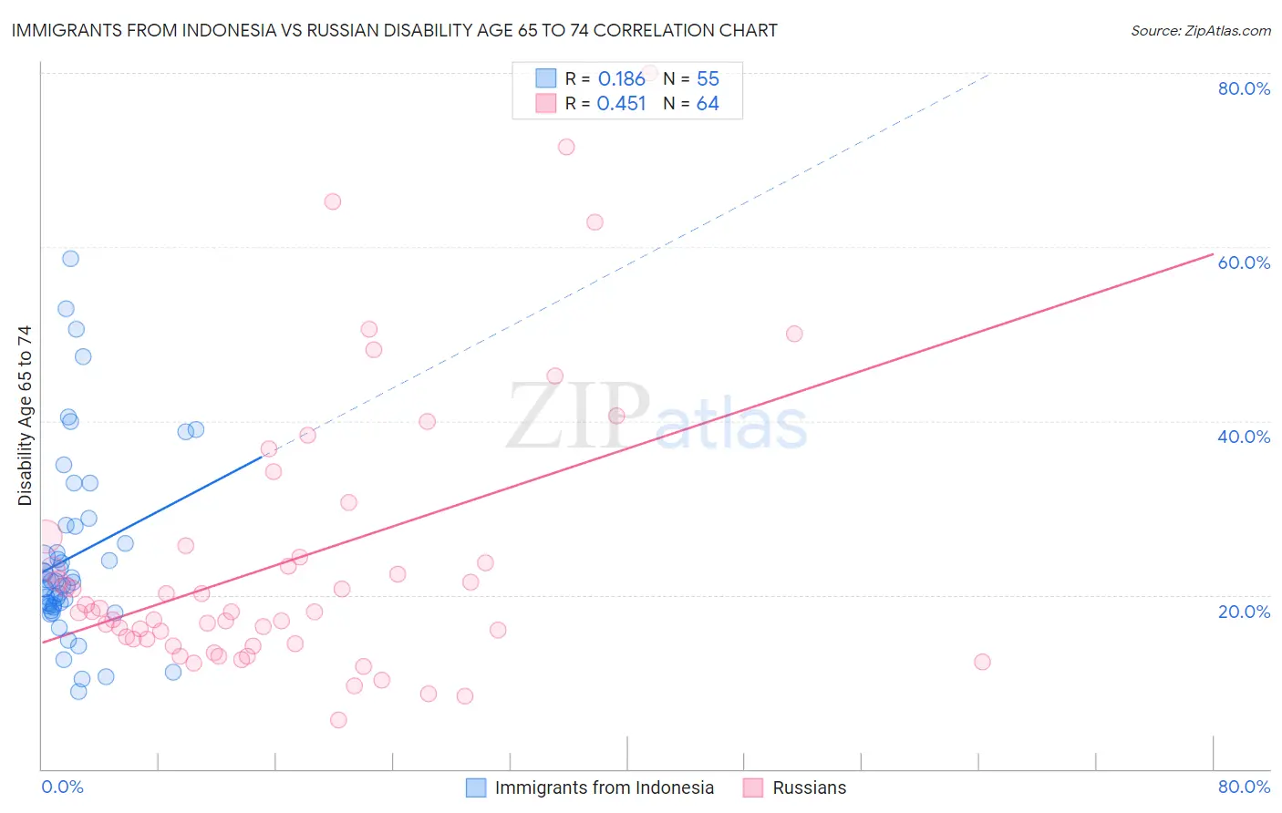 Immigrants from Indonesia vs Russian Disability Age 65 to 74