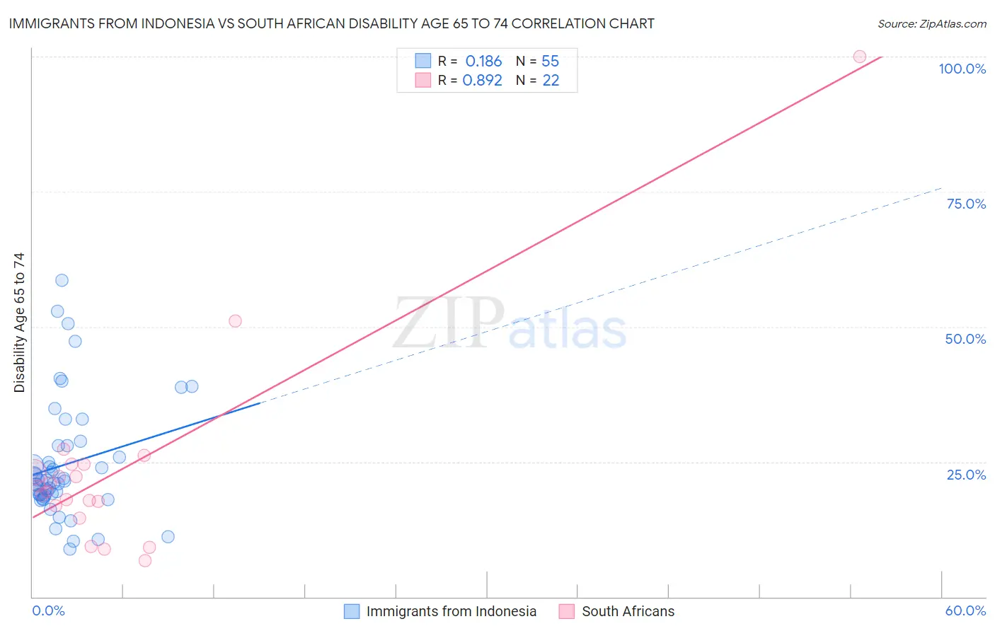 Immigrants from Indonesia vs South African Disability Age 65 to 74