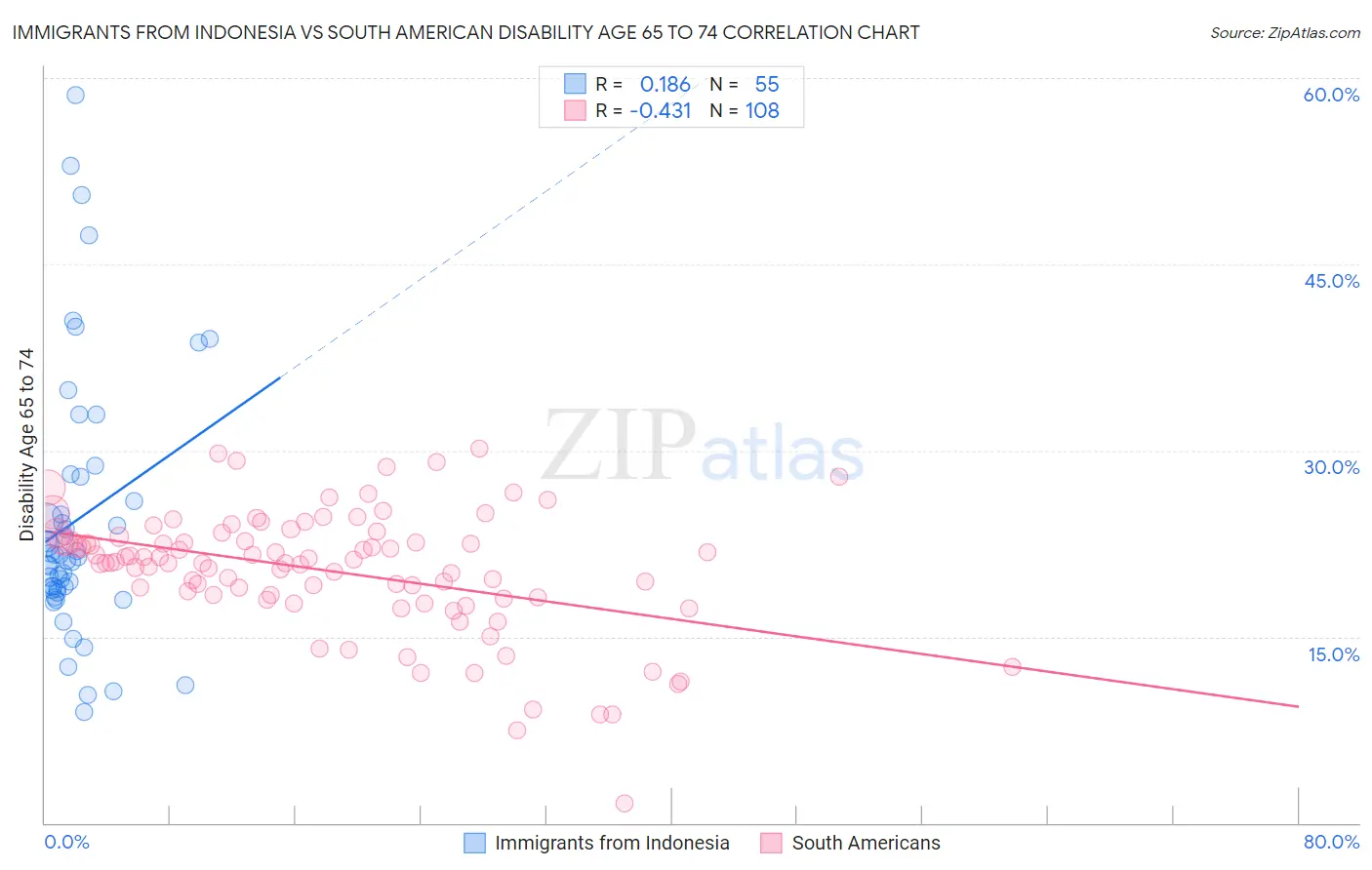 Immigrants from Indonesia vs South American Disability Age 65 to 74