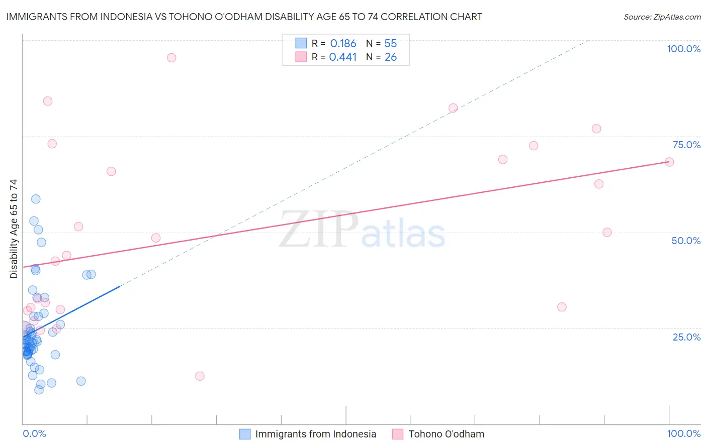 Immigrants from Indonesia vs Tohono O'odham Disability Age 65 to 74
