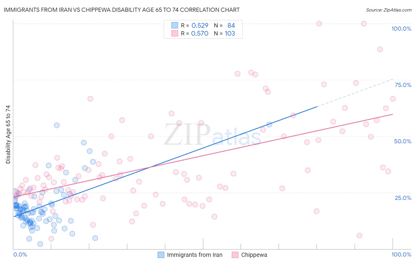 Immigrants from Iran vs Chippewa Disability Age 65 to 74