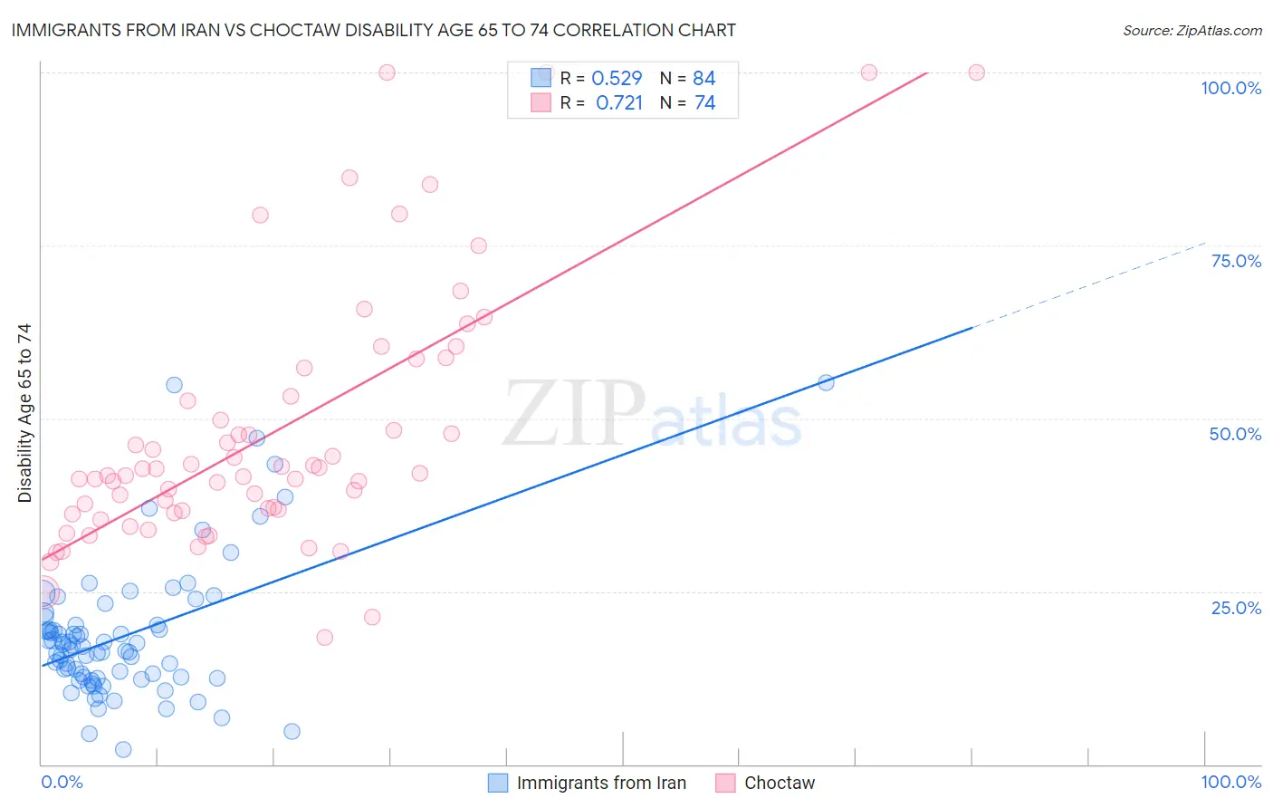 Immigrants from Iran vs Choctaw Disability Age 65 to 74