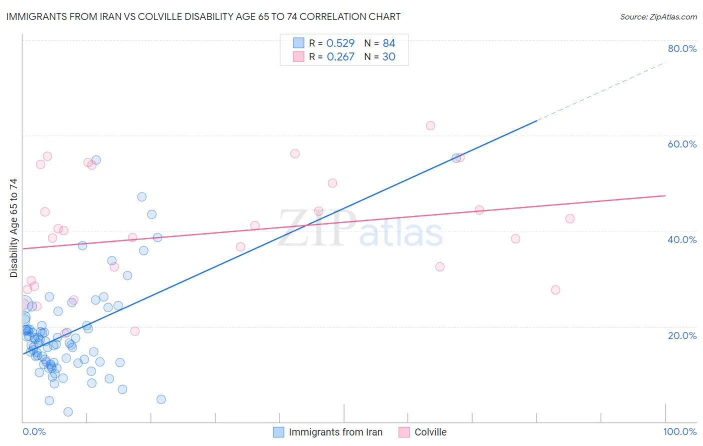 Immigrants from Iran vs Colville Disability Age 65 to 74