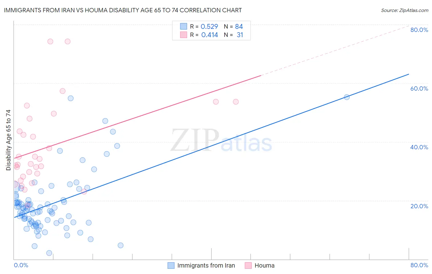 Immigrants from Iran vs Houma Disability Age 65 to 74