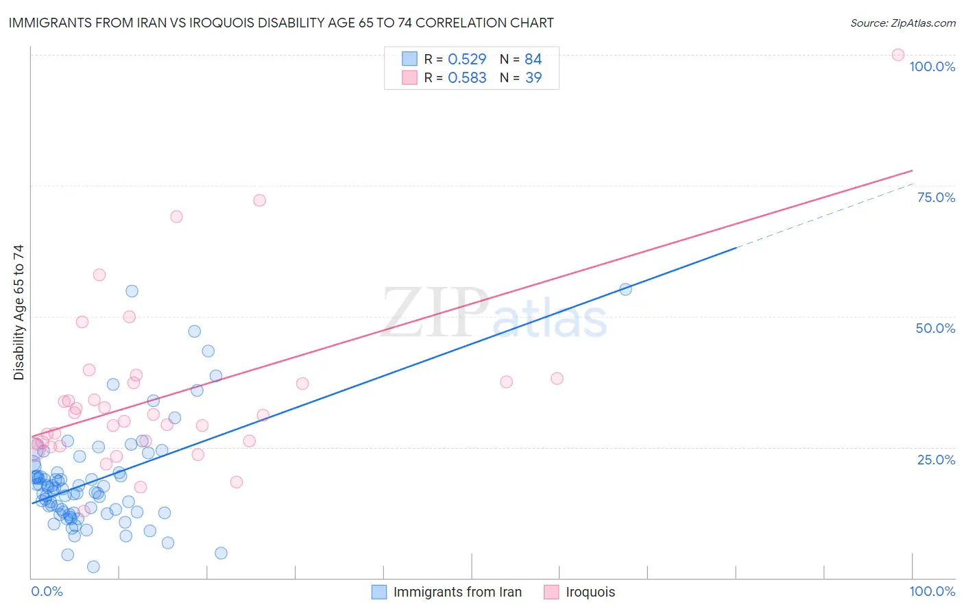 Immigrants from Iran vs Iroquois Disability Age 65 to 74