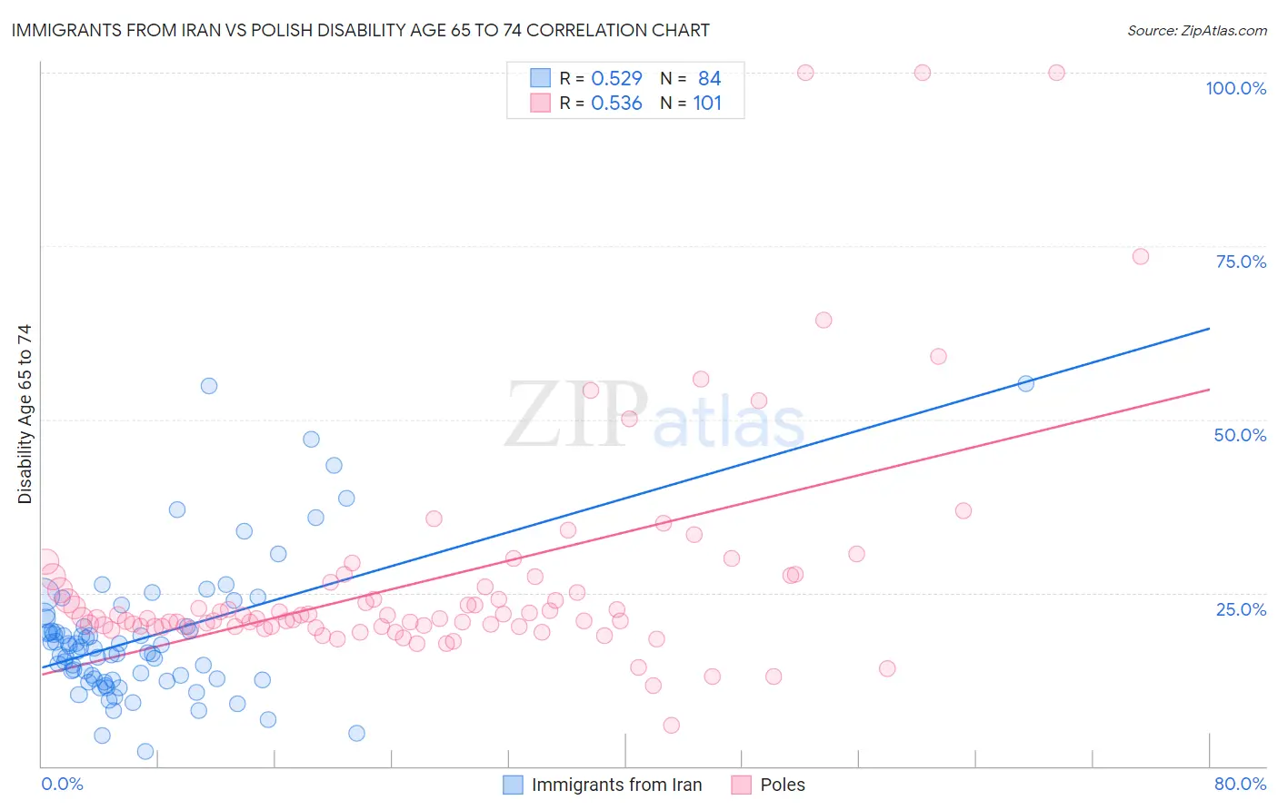 Immigrants from Iran vs Polish Disability Age 65 to 74