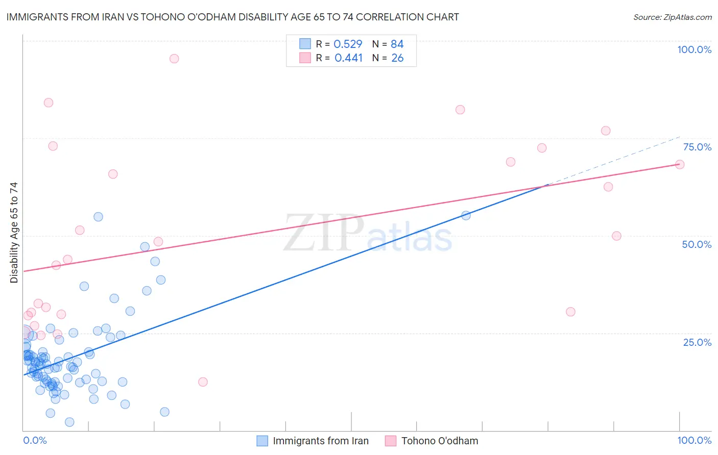 Immigrants from Iran vs Tohono O'odham Disability Age 65 to 74