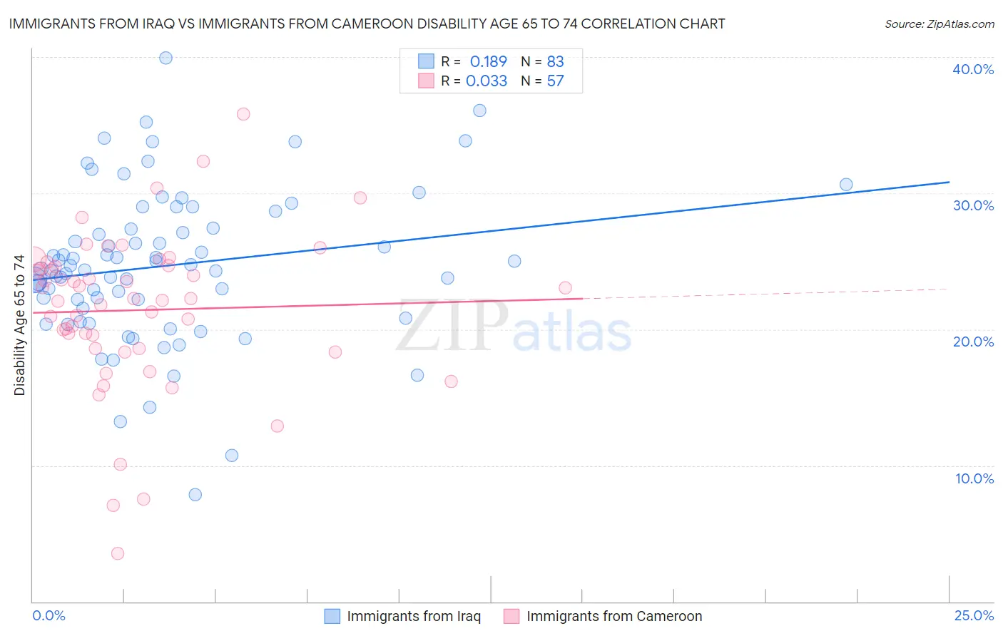 Immigrants from Iraq vs Immigrants from Cameroon Disability Age 65 to 74