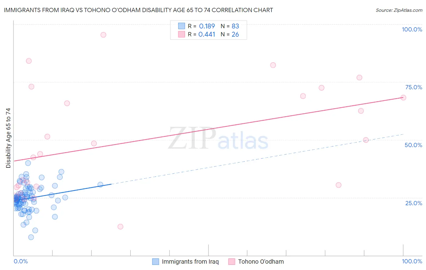 Immigrants from Iraq vs Tohono O'odham Disability Age 65 to 74
