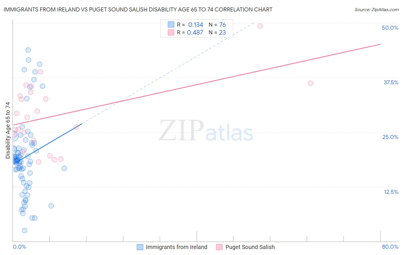 Immigrants from Ireland vs Puget Sound Salish Disability Age 65 to 74
