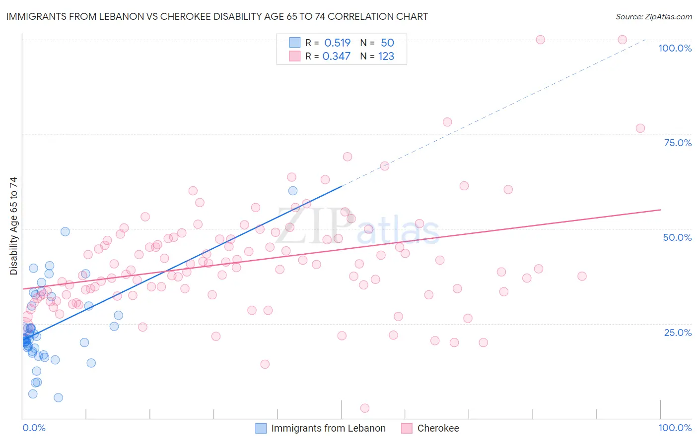 Immigrants from Lebanon vs Cherokee Disability Age 65 to 74