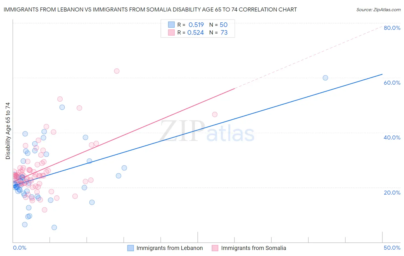 Immigrants from Lebanon vs Immigrants from Somalia Disability Age 65 to 74