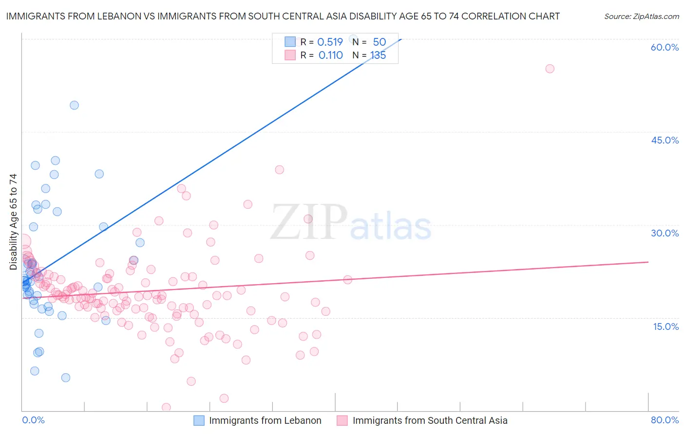 Immigrants from Lebanon vs Immigrants from South Central Asia Disability Age 65 to 74