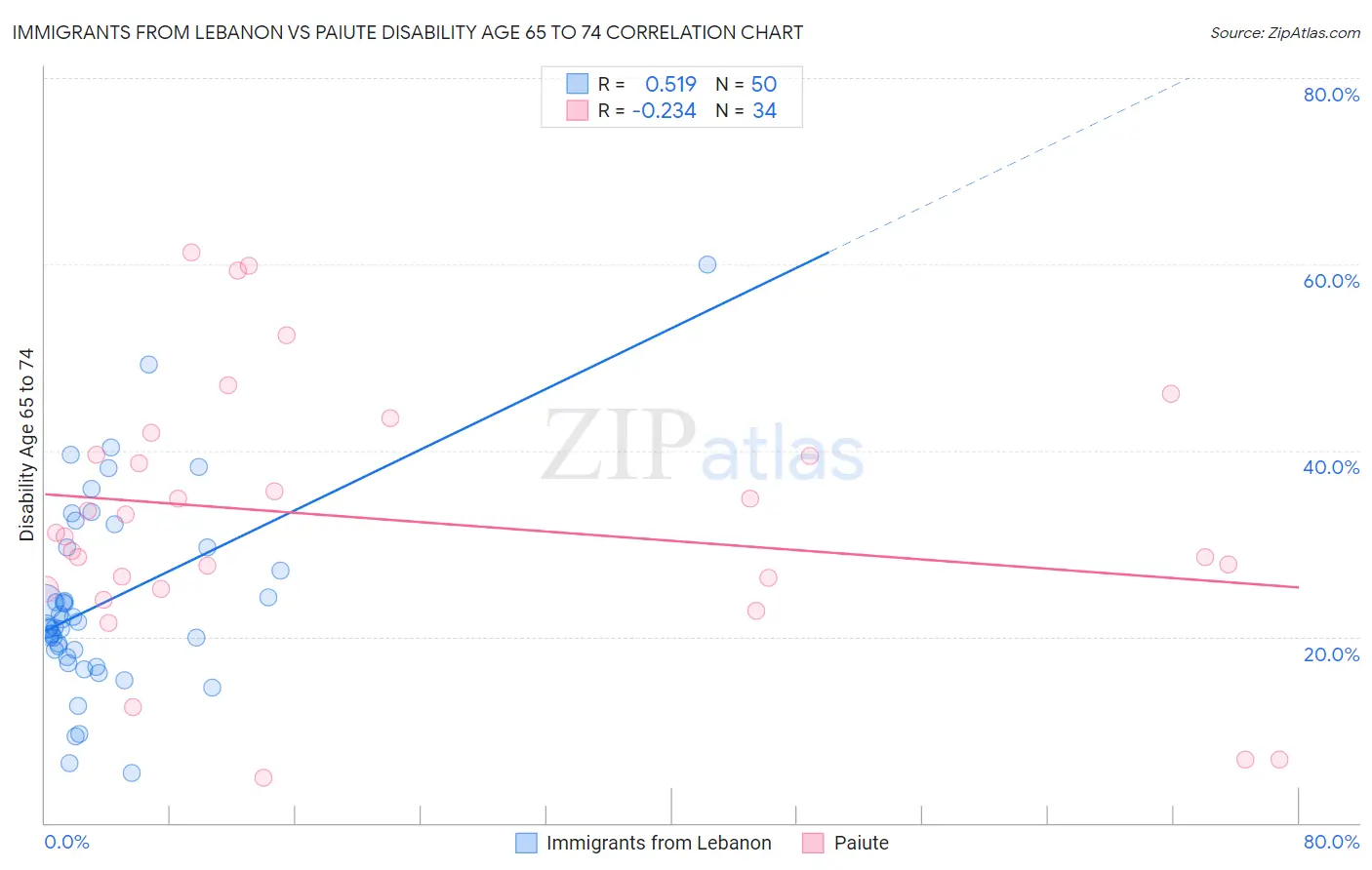 Immigrants from Lebanon vs Paiute Disability Age 65 to 74