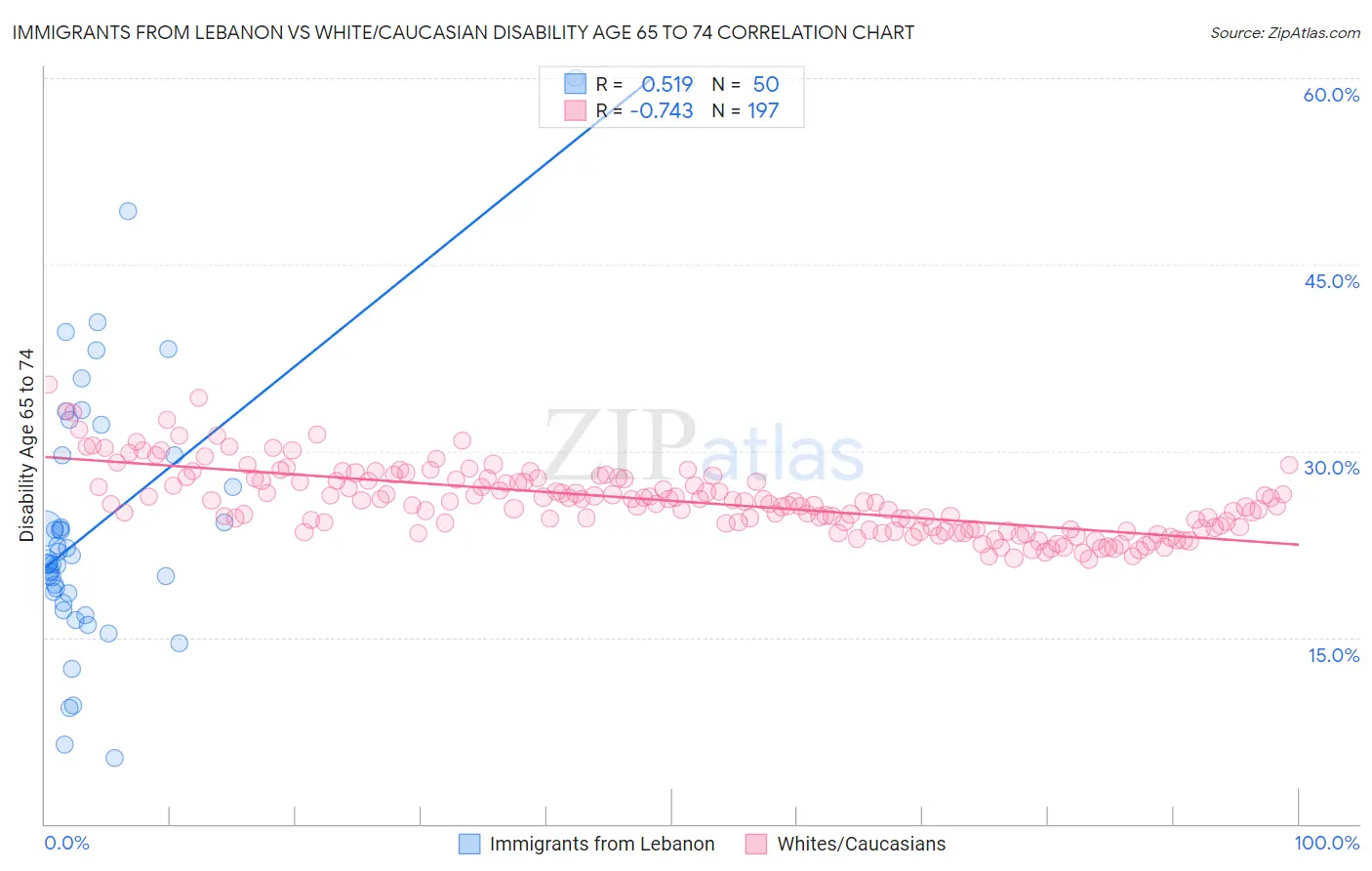 Immigrants from Lebanon vs White/Caucasian Disability Age 65 to 74