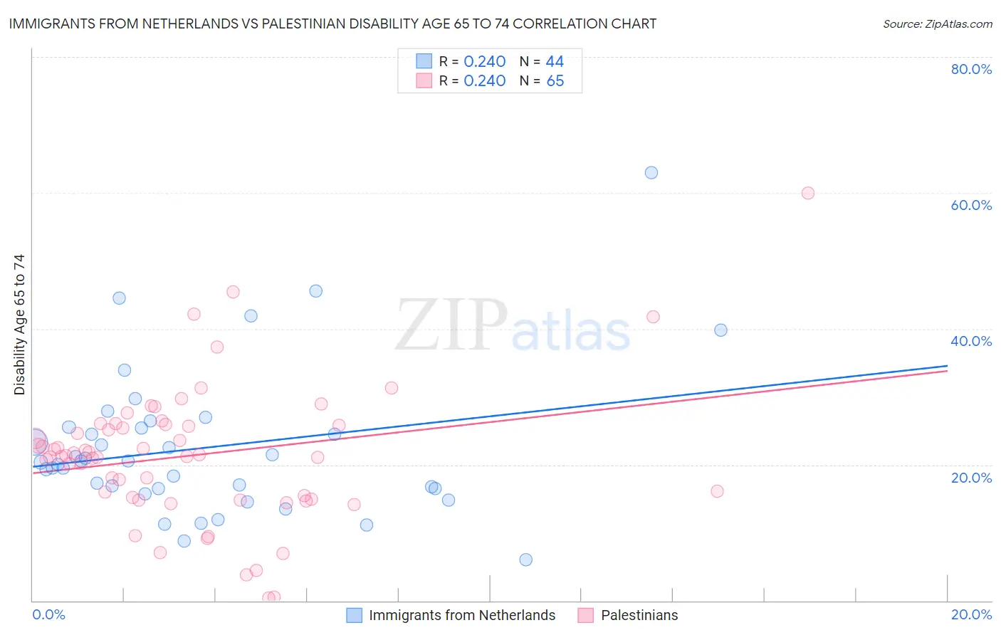 Immigrants from Netherlands vs Palestinian Disability Age 65 to 74