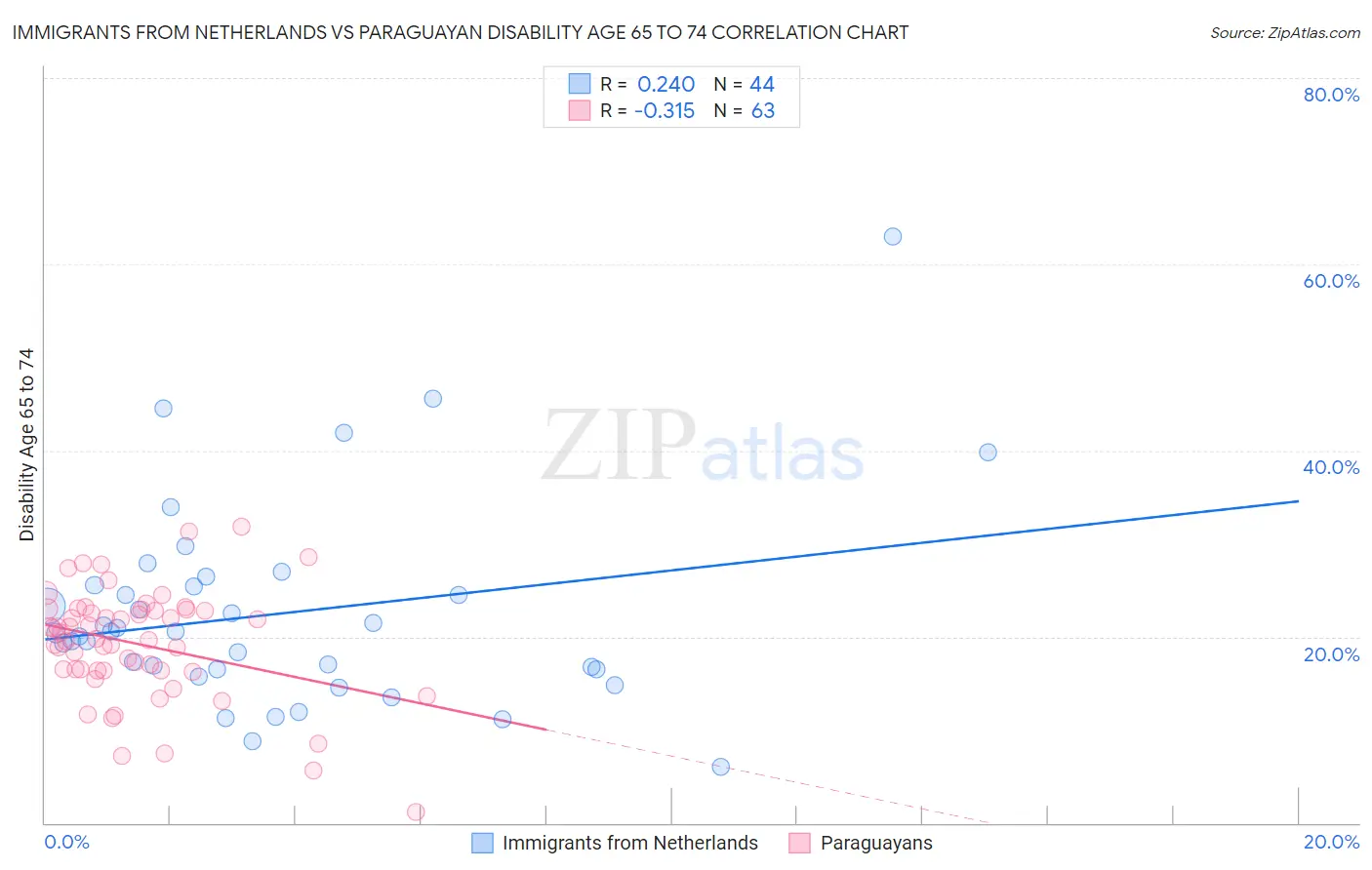 Immigrants from Netherlands vs Paraguayan Disability Age 65 to 74