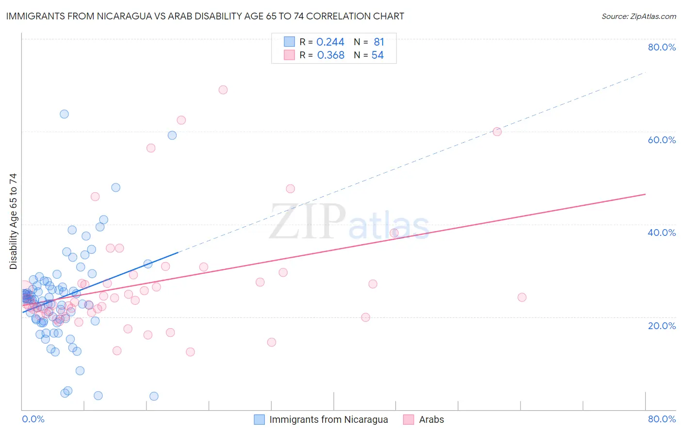 Immigrants from Nicaragua vs Arab Disability Age 65 to 74