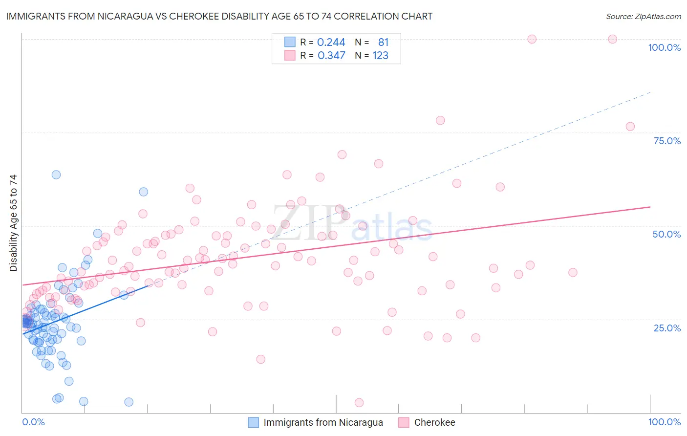 Immigrants from Nicaragua vs Cherokee Disability Age 65 to 74