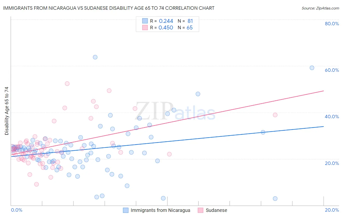 Immigrants from Nicaragua vs Sudanese Disability Age 65 to 74