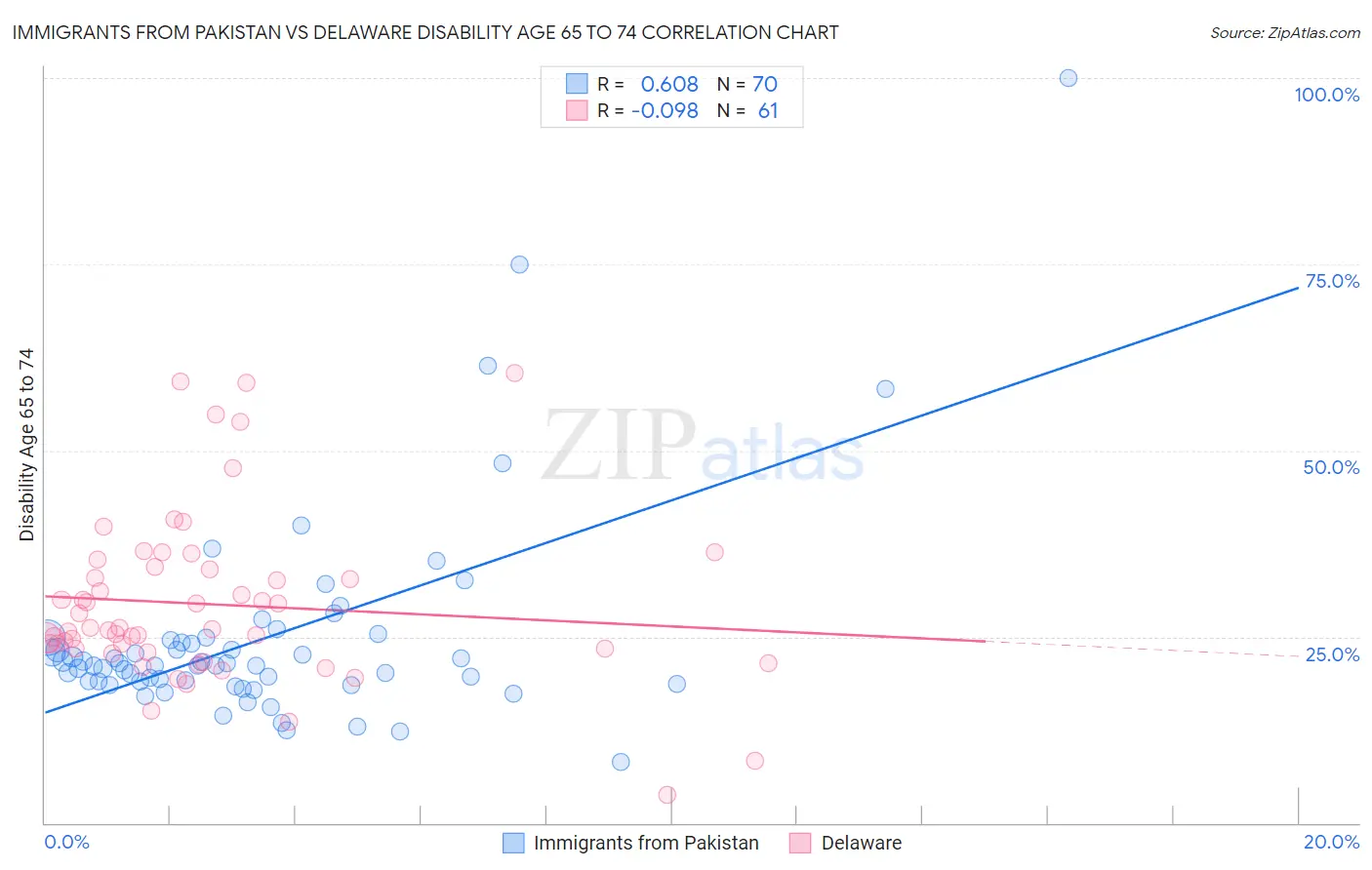 Immigrants from Pakistan vs Delaware Disability Age 65 to 74