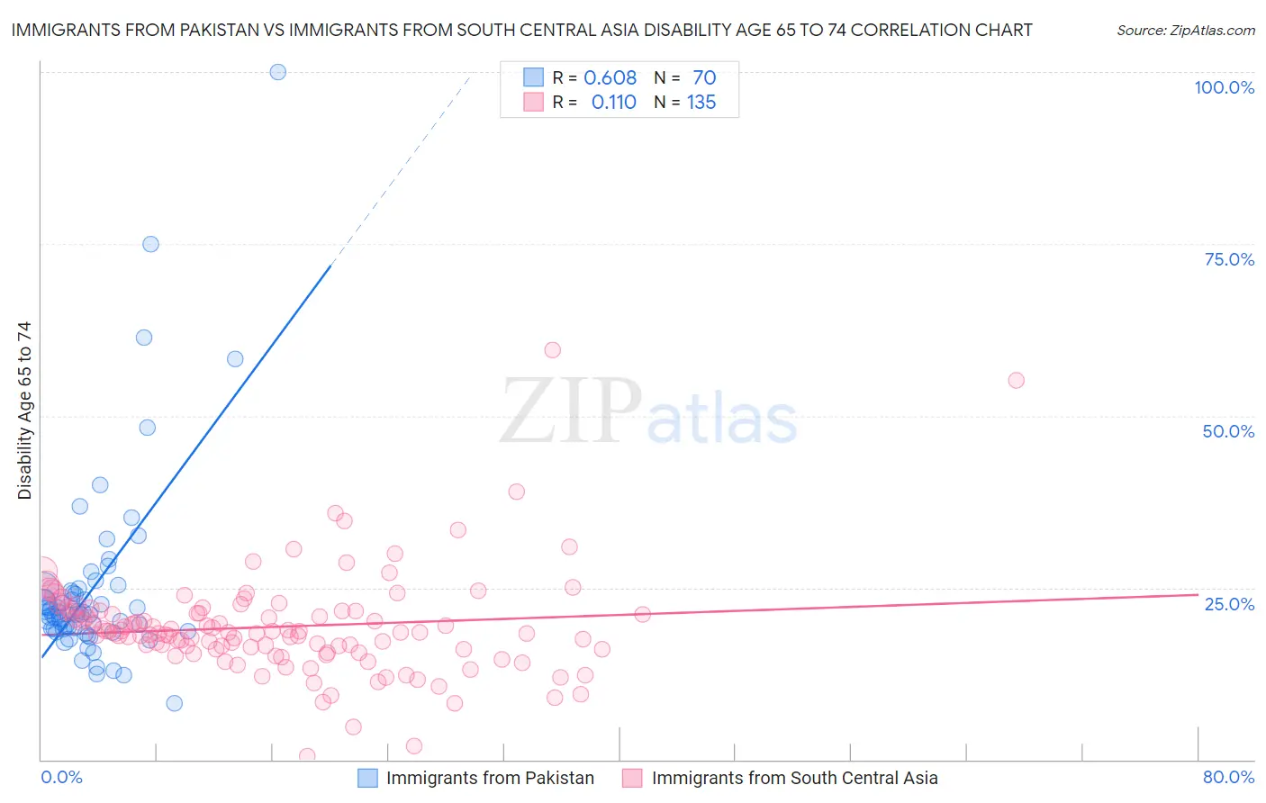 Immigrants from Pakistan vs Immigrants from South Central Asia Disability Age 65 to 74