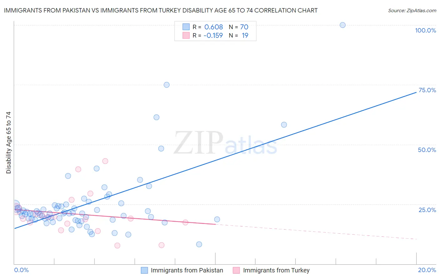 Immigrants from Pakistan vs Immigrants from Turkey Disability Age 65 to 74