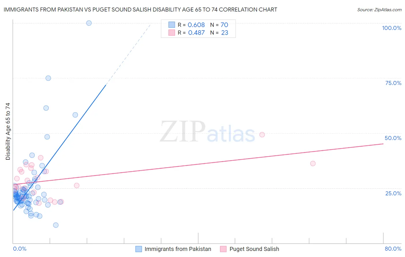Immigrants from Pakistan vs Puget Sound Salish Disability Age 65 to 74