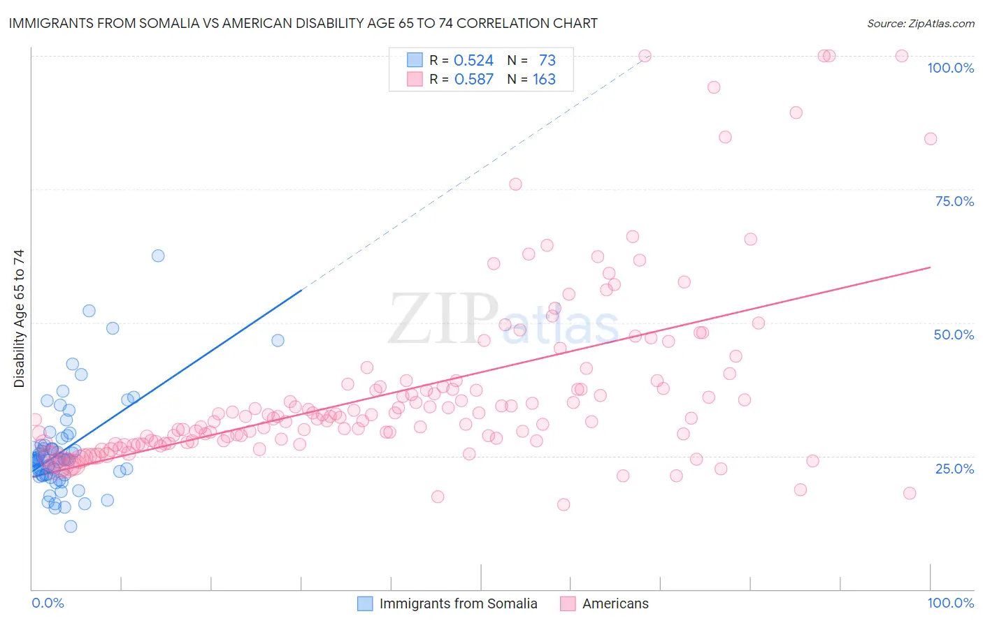Immigrants from Somalia vs American Disability Age 65 to 74