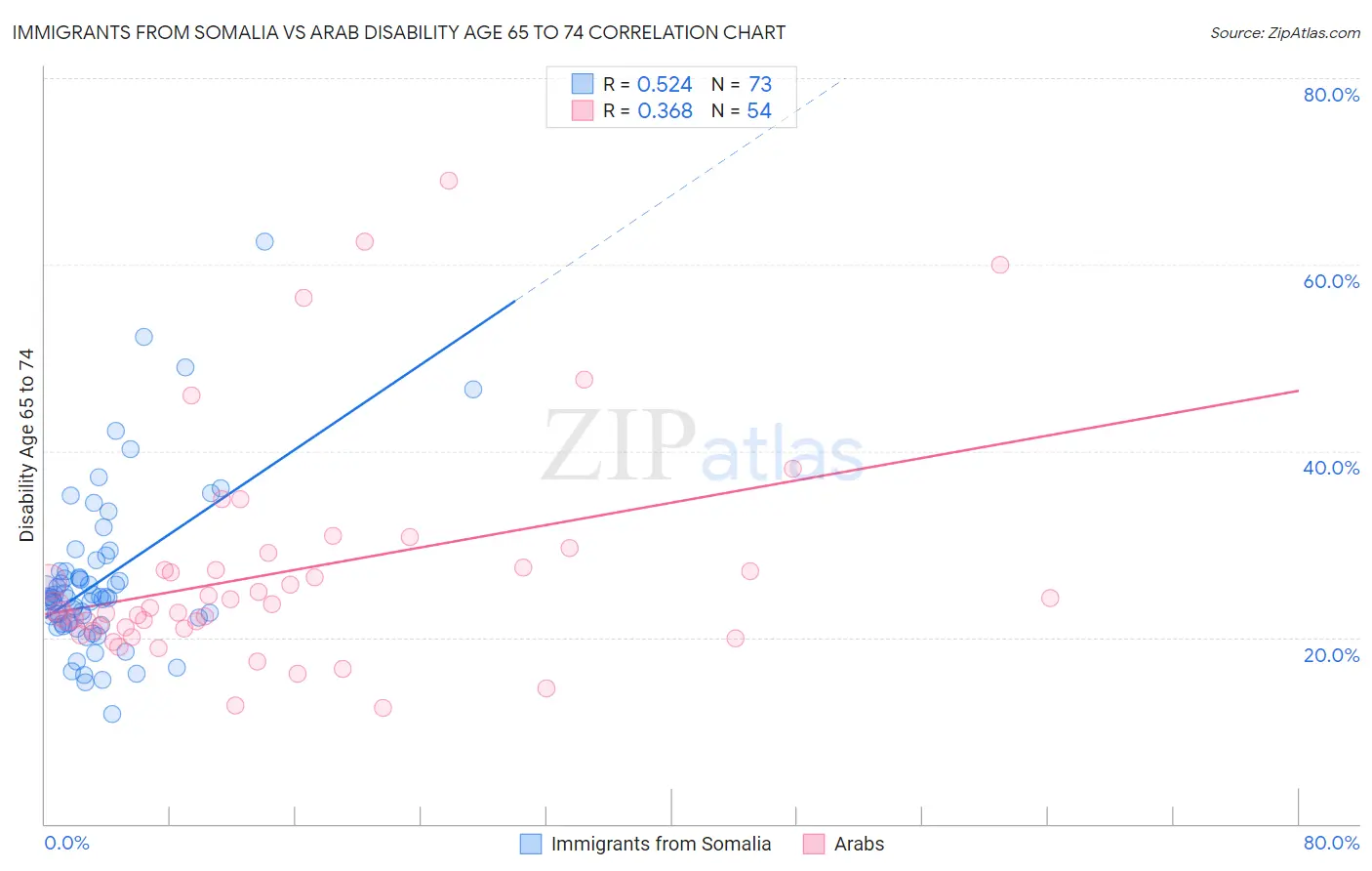 Immigrants from Somalia vs Arab Disability Age 65 to 74