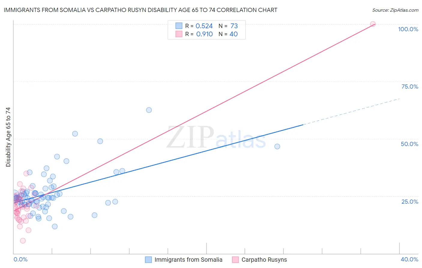 Immigrants from Somalia vs Carpatho Rusyn Disability Age 65 to 74