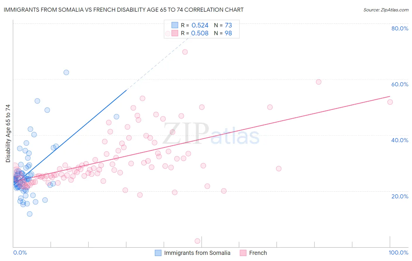 Immigrants from Somalia vs French Disability Age 65 to 74