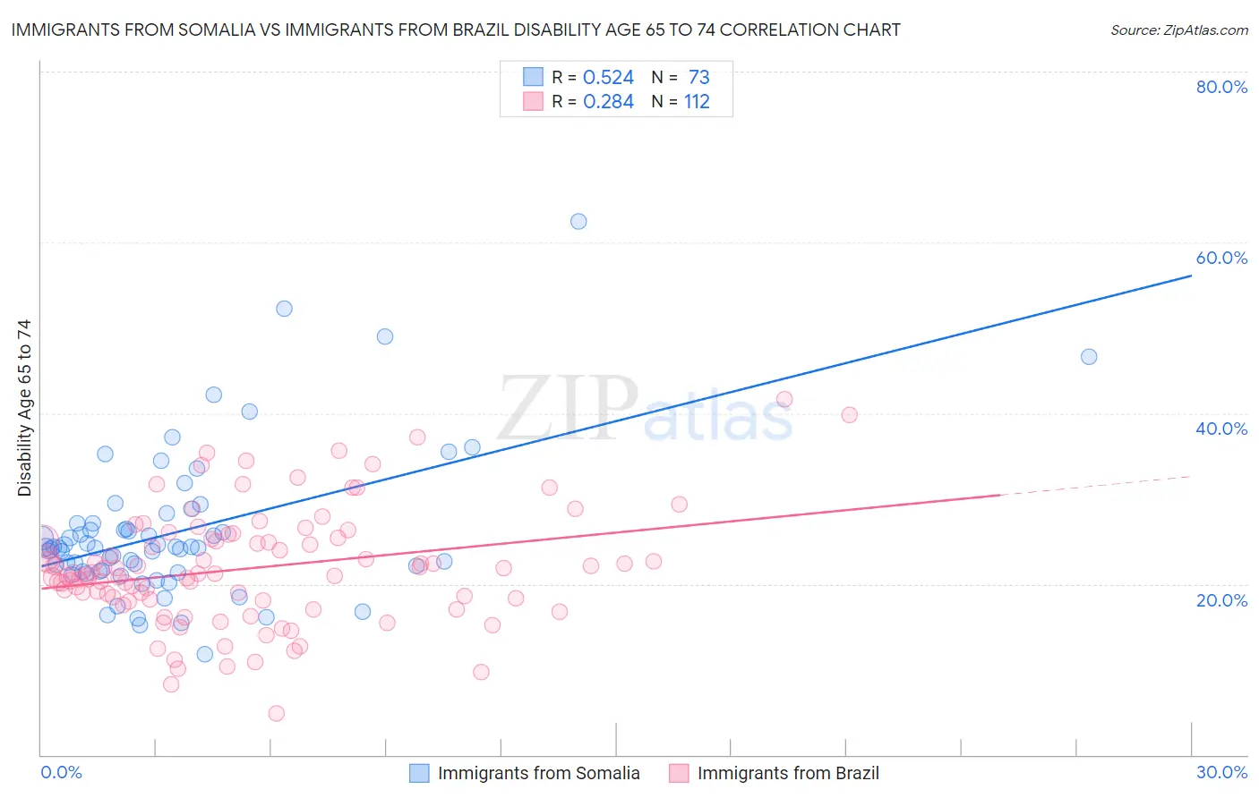 Immigrants from Somalia vs Immigrants from Brazil Disability Age 65 to 74