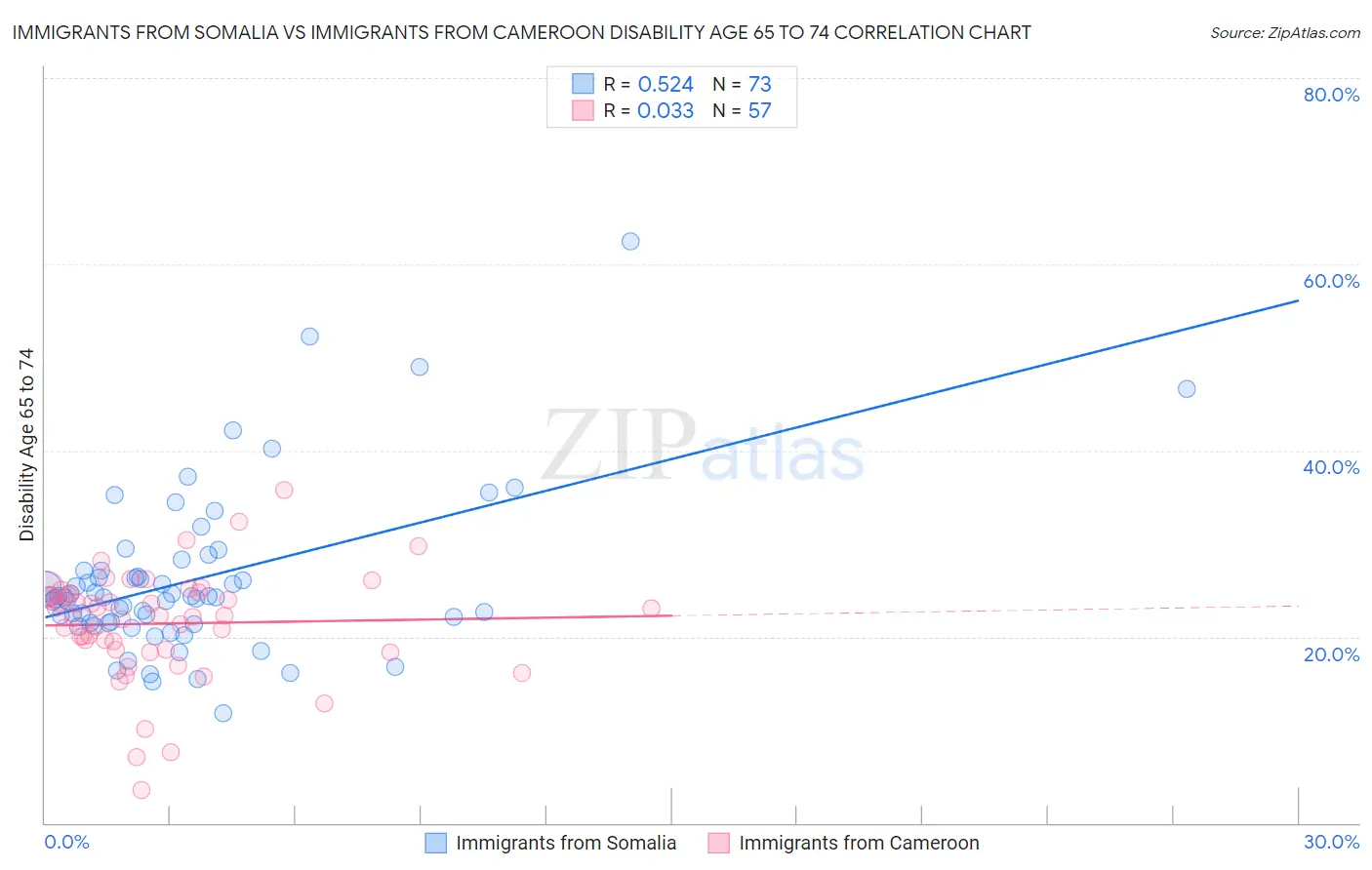 Immigrants from Somalia vs Immigrants from Cameroon Disability Age 65 to 74