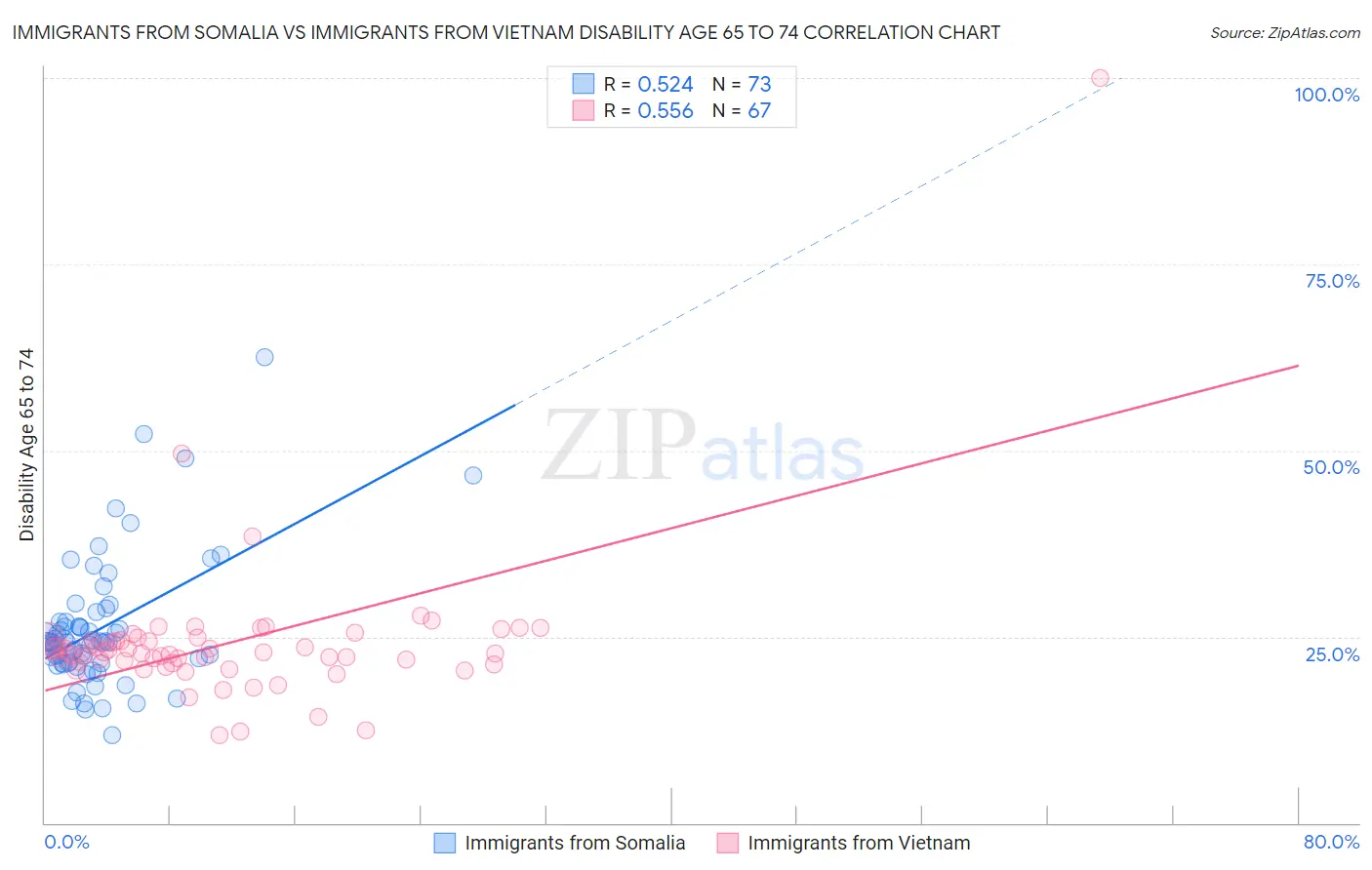Immigrants from Somalia vs Immigrants from Vietnam Disability Age 65 to 74