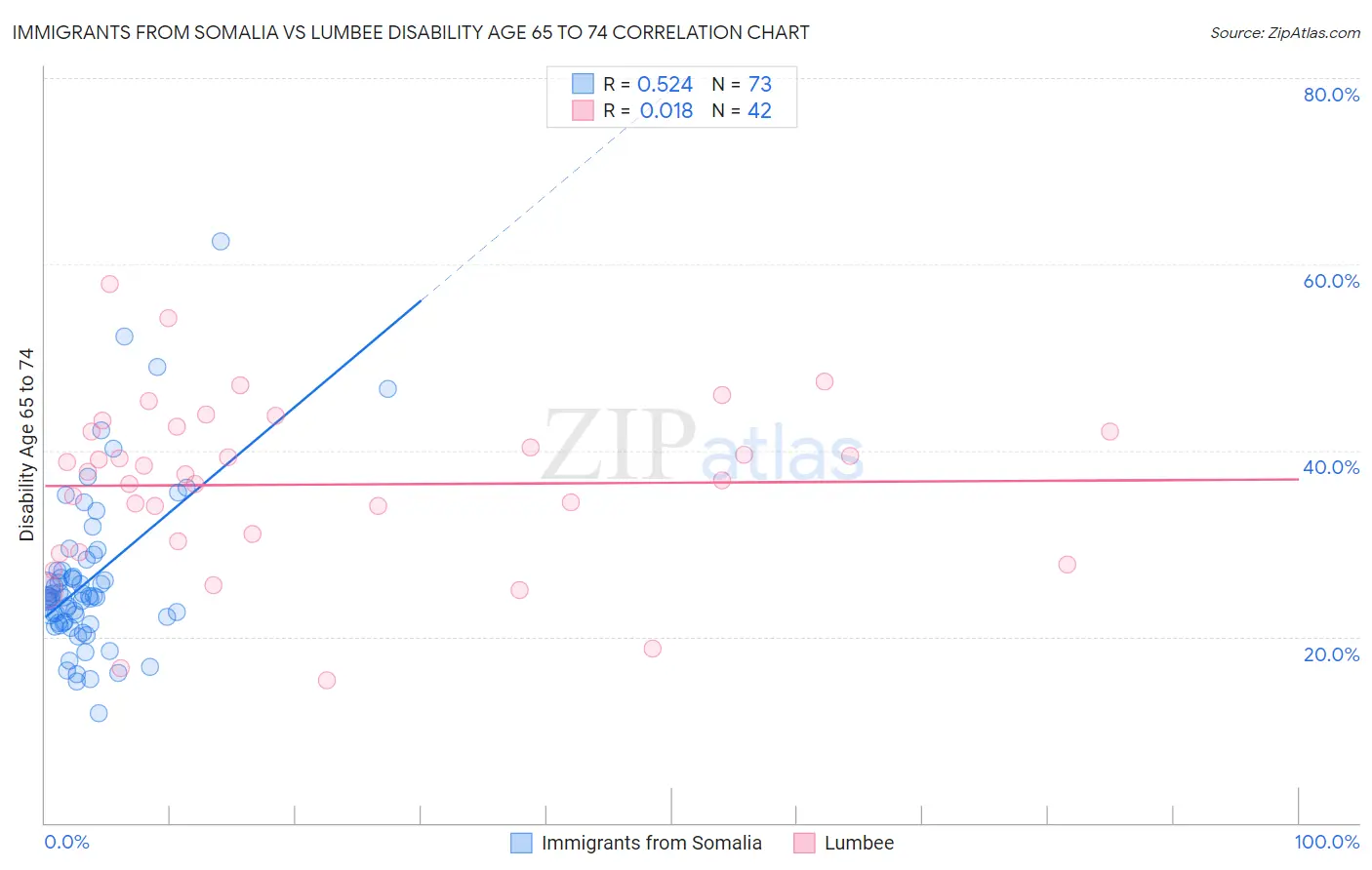 Immigrants from Somalia vs Lumbee Disability Age 65 to 74