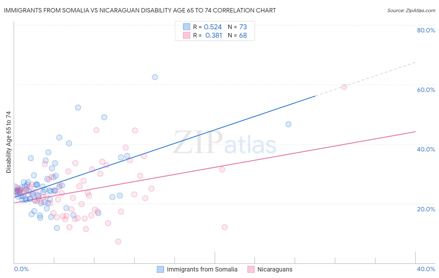 Immigrants from Somalia vs Nicaraguan Disability Age 65 to 74