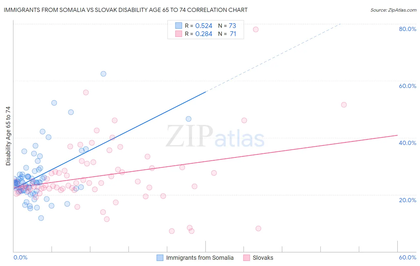 Immigrants from Somalia vs Slovak Disability Age 65 to 74